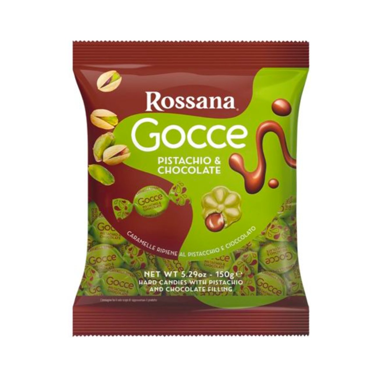 Caramel candies with chocolate and pistachio cream filling ROSSANA, 150g